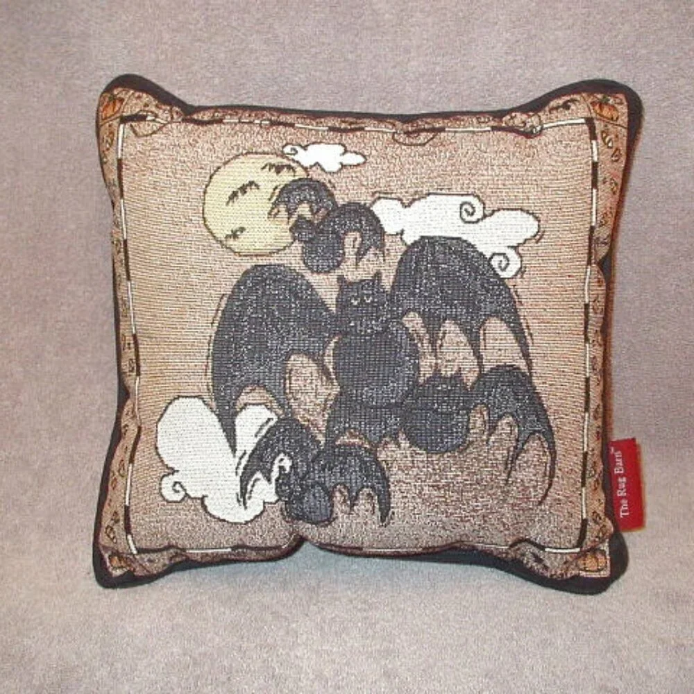 Vtg The Rug Barn Gone Batty Tapestry Pillow Halloween Moon Ghosts Whimsigoth 12